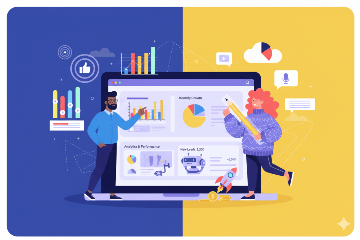 Social media analytics dashboard with team growth charts rocket