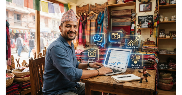 Nepali small business owner using AI tools on laptop for digital marketing growth in Nepal 2026